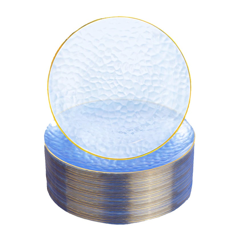 Rubtlamp 100 Pcs Clear Blue Gold Plastic Plates Clear Hammered Plastic Plates Blue Party Platos Disposable SaladDessert Platos 7Inch Disposable DessertAppetizer Platos Perfect For Party